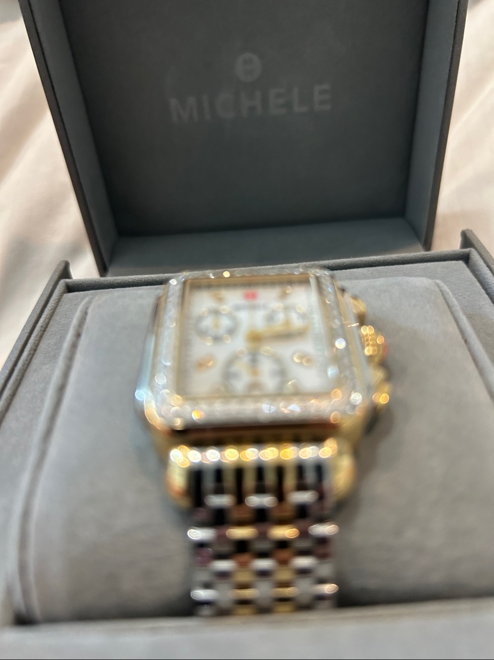 Michele Two-Tone Gold and Silver Diamond-Accent Deco Chronograph Watch - Picture 3 of 9